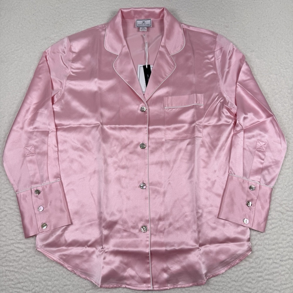 Petite Plume Silk Pajama Top Sz Small Pink Button Front White Piping *Shirt Only